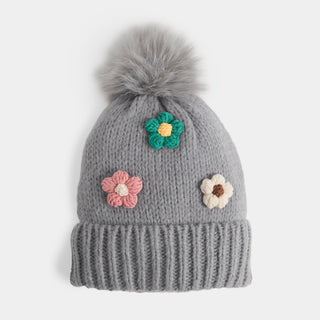 Flower Embellished Knit Hat - Grey