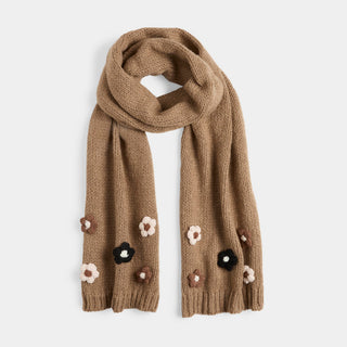 Flower Embellished Knit Scarf - Taupe