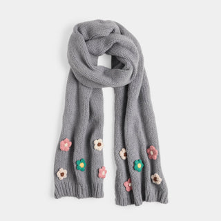 Flower Embellished Knit Scarf - Grey