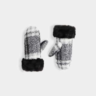 Fur Cuff Plaid Mitten - Black/White