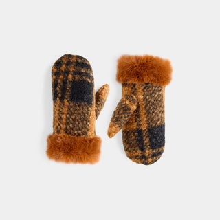 Fur Cuff Plaid Mitten - Rust