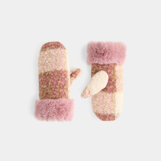 Fur Cuff Plaid Mitten - Pink
