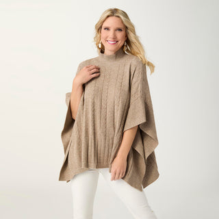 Heavenly-Luxe Cable Knit Mock Neck Poncho - Beige Heather