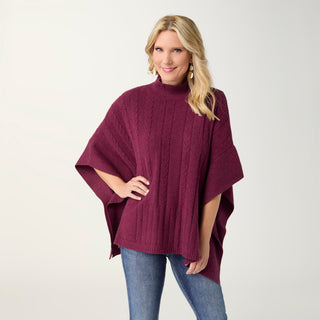 Heavenly-Luxe Cable Knit Mock Neck Poncho - Boysenberry