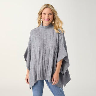 Heavenly-Luxe Cable Knit Mock Neck Poncho - Mid Heather Grey