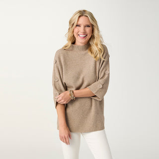 Heavenly-Luxe Elbow Sleeve Funnel Neck with Button Detail - Beige Heather