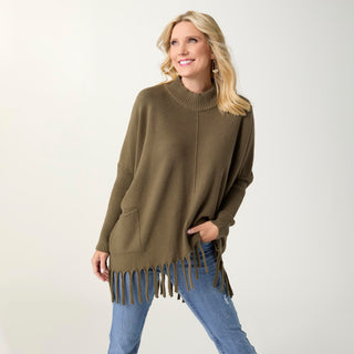 Heavenly-Luxe Flowy Mock Neck Fringe Sweater - Olive