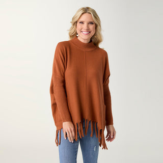 Heavenly-Luxe Flowy Mock Neck Fringe Sweater - Rust