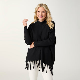Heavenly-Luxe Flowy Mock Neck Fringe Sweater - Black