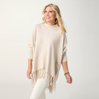 Heavenly-Luxe Flowy Mock Neck Fringe Sweater - Oatmeal