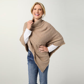 Heavenly-Luxe Cable Knit Turtleneck Poncho - Beige Heather
