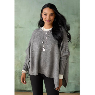 Caspia Poncho with Cable Knit Design - Mid Heather Grey