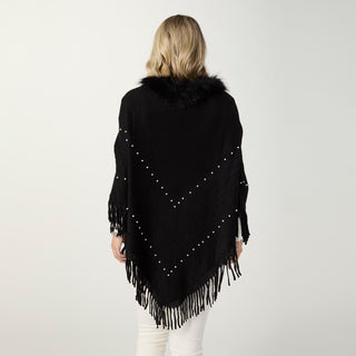 Shirin Poncho with Faux Fur Collar - Black