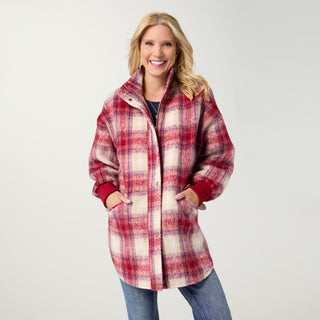 Cass Zip Front Plaid Jacket with Snaps - Rumba Red/Cream