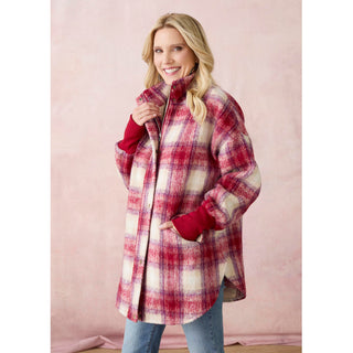 Cass Zip Front Plaid Jacket with Snaps - Rumba Red/Cream
