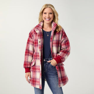 Cass Zip Front Plaid Jacket with Snaps - Rumba Red/Cream