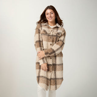 Long Plaid Sherpa Jacket - Cement/Mushroom