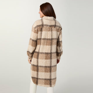 Long Plaid Sherpa Jacket - Cement/Mushroom