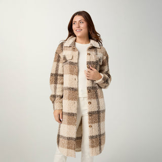 Long Plaid Sherpa Jacket - Cement/Mushroom