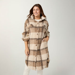 Long Plaid Sherpa Jacket - Cement/Mushroom