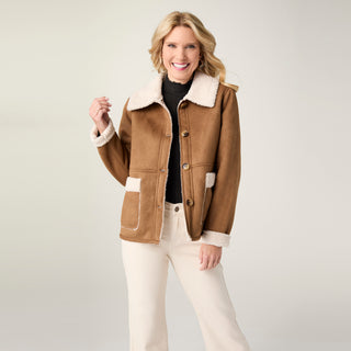 Maverick Faux Suede Jacket with Sherpa Trim - Camel