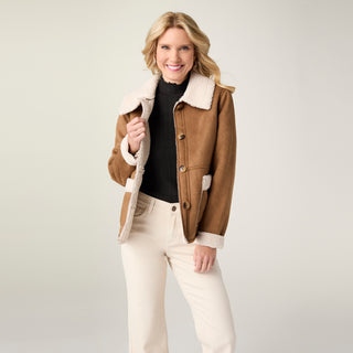 Maverick Faux Suede Jacket with Sherpa Trim - Camel