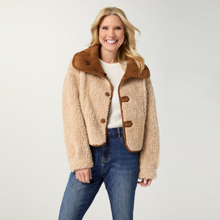 Harbor Reversible Curly Faux Lamb and Suede Jacket - Camel