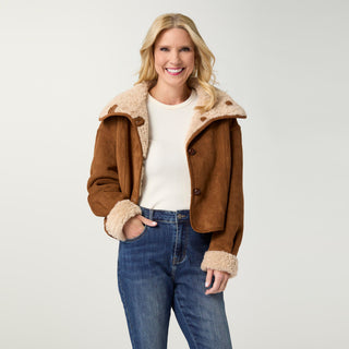 Harbor Reversible Curly Faux Lamb and Suede Jacket - Camel
