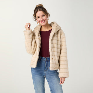 Karina Faux Fur Hooded Jacket - Doeskin/Taupe