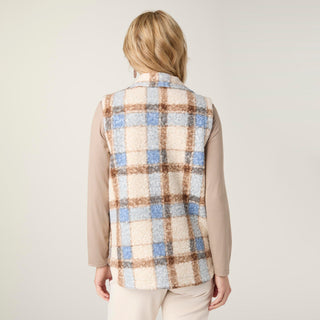 Deidre Plaid Sherpa Vest - Dusty Blue/Brown/Cream