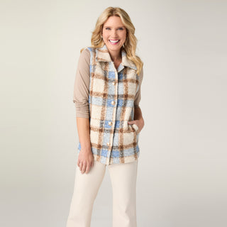 Deidre Plaid Sherpa Vest - Dusty Blue/Brown/Cream