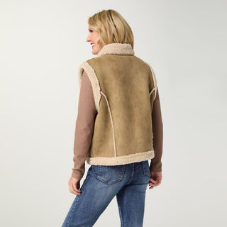 Castello Faux Suede Vest with Sherpa Trim - Olive