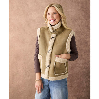Castello Faux Suede Vest with Sherpa Trim - Olive