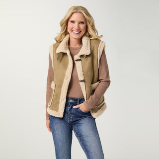 Castello Faux Suede Vest with Sherpa Trim - Olive