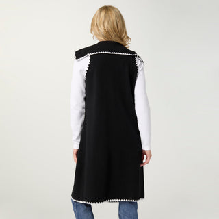 Heavenly-Luxe Long Vest with Contrast Trim - Black/White
