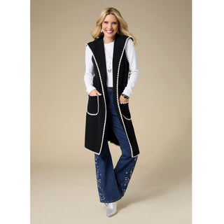 Heavenly-Luxe Long Vest with Contrast Trim - Black/White