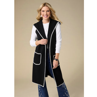 Heavenly-Luxe Long Vest with Contrast Trim - Black/White