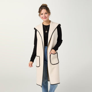 Heavenly-Luxe Long Vest with Contrast Trim - Oatmeal/Black