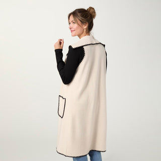 Heavenly-Luxe Long Vest with Contrast Trim - Oatmeal/Black