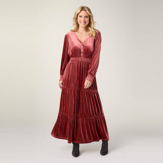 Castielle Velour Cinched Waist Maxi Dress - Salmon Orange