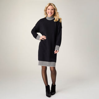 Jayla Knit Dress with Striped Trim - Black