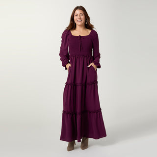 Lanna Smocked Bodice Long Sleeve Maxi Dress - Rich Wine