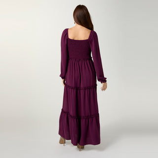 Lanna Smocked Bodice Long Sleeve Maxi Dress - Rich Wine