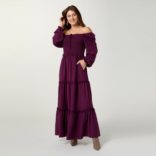 Lanna Smocked Bodice Long Sleeve Maxi Dress - Rich Wine