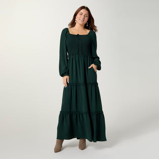 Lanna Smocked Bodice Long Sleeve Maxi Dress - Hunter Green
