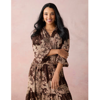 Fernanda Printed V-Neck Dress - Chocolate