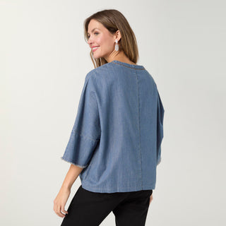 Elly 3/4 Sleeve Top with Fringe - Light Denim