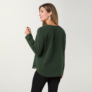 Imperia Long Sleeve Top with Floral Applique - Hunter Green