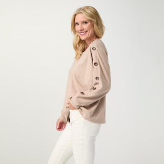 Hedy Long Sleeve Top with Button Detail - Beige Heather
