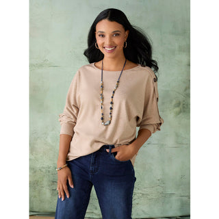 Hedy Long Sleeve Top with Button Detail - Beige Heather